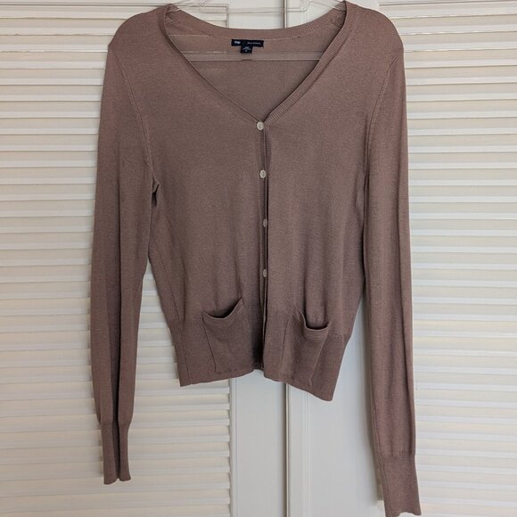 GAP silk and cashmere V-neck button cardigan w/ patch pockets \ Tan \ Size MED - Picture 1 of 6